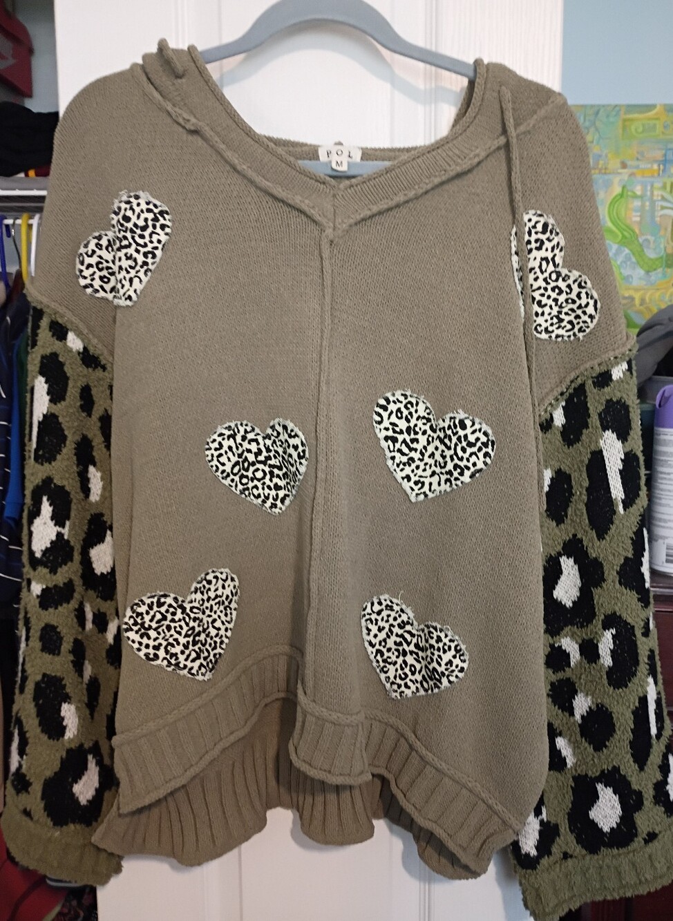 POL Olive Green Off-Shoulder Sweater with Leopard Heart Appliqués